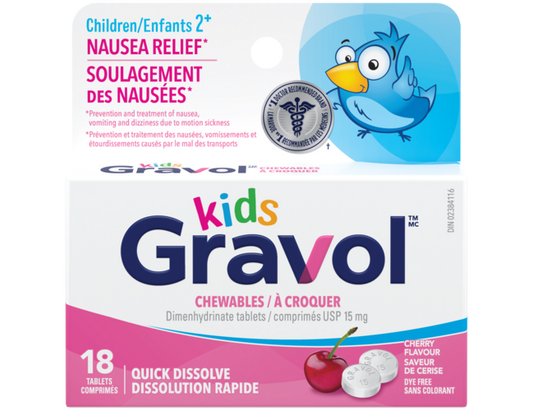 Gravol Kids Cherry Chewable Tablets, 18 ct