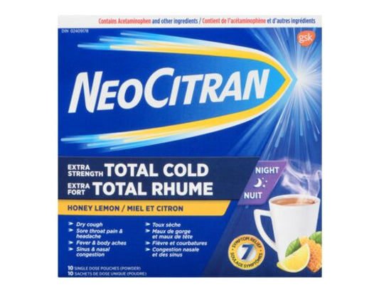 NeoCitran Total Cold Night Extra Strength Honey Lemon Single Dose Pouches, 10 ct