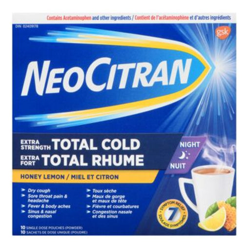 NeoCitran Total Cold Night Extra Strength Honey Lemon Single Dose Pouches, 10 ct