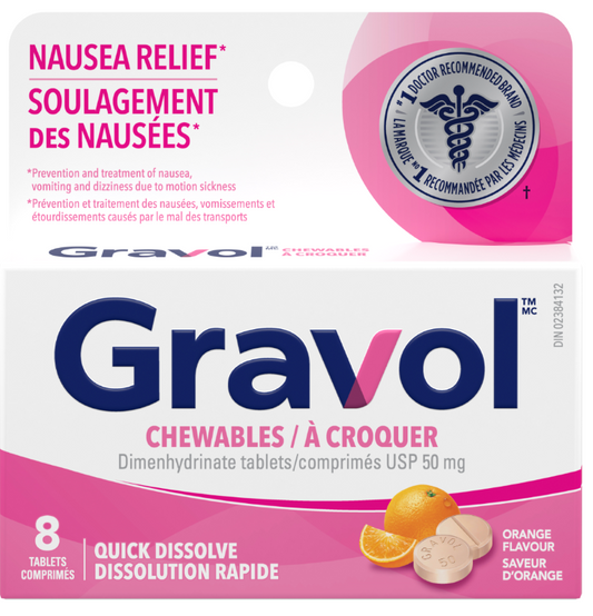 Gravol Chewables 50mg, Orange Flavour 8 Tablets