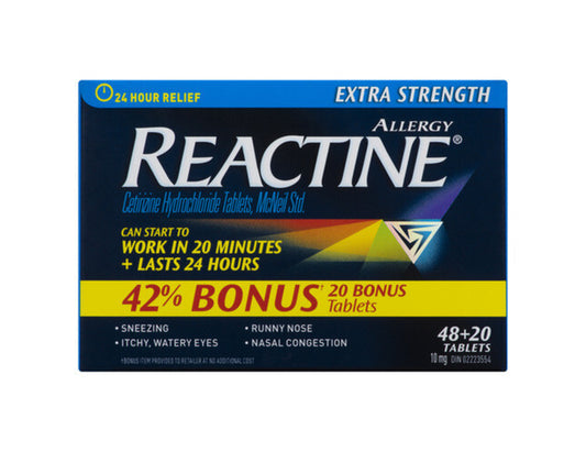 Reactine Extra Strength 10 mg (48 + 20 Tablets) for 24-Hour Allergy Relief