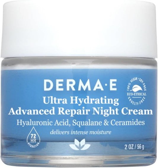 DERMA E Hydrating Night Cream with Hyaluronic Acid, 2oz