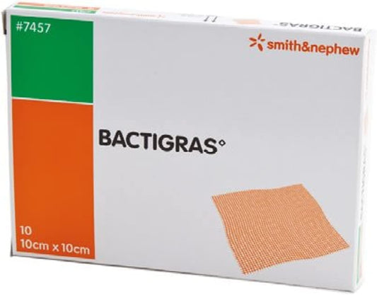 Bactigras Tulle Gras (10x10cm in 10 Individually Wrapped Sterile Dressings Sealed Separately) Advanced Wound Management As Gauze of Leno Weave Impregnated, White Soft Paraffin & 0.5% Chlorhexidine