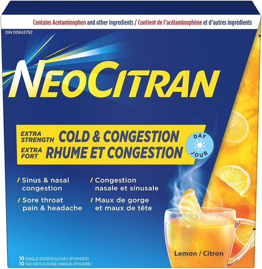 NeoCitran Extra Strength Cold and Congestion for Non-Drowsy Relief, Lemon, 10 Count