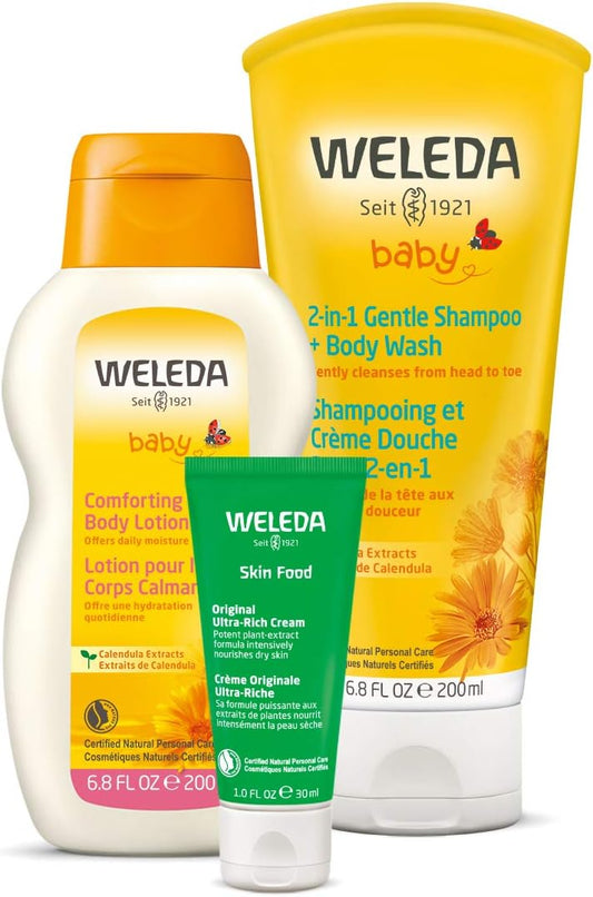 Weleda Mama and Baby Essentials 3-Piece Set: Calendula Baby Shampoo/Body Wash, Calendula Baby Body Lotion, Skin Food Body Cream