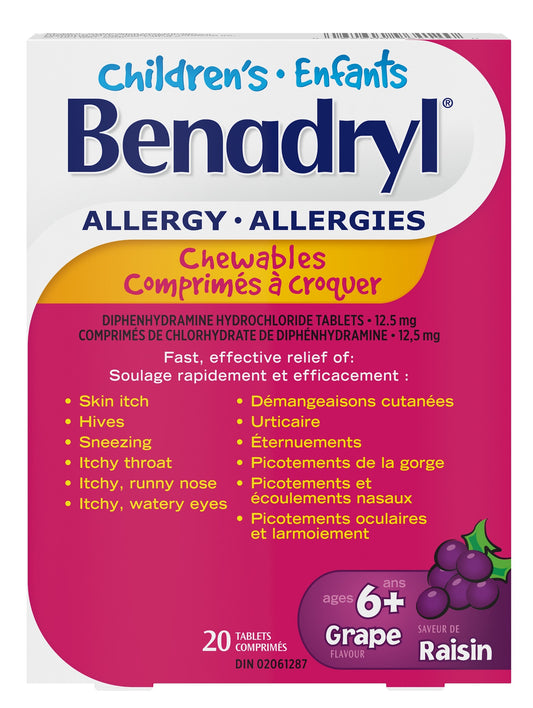 Benadryl Children’s Allergy Chewable Tablets, Grape 20