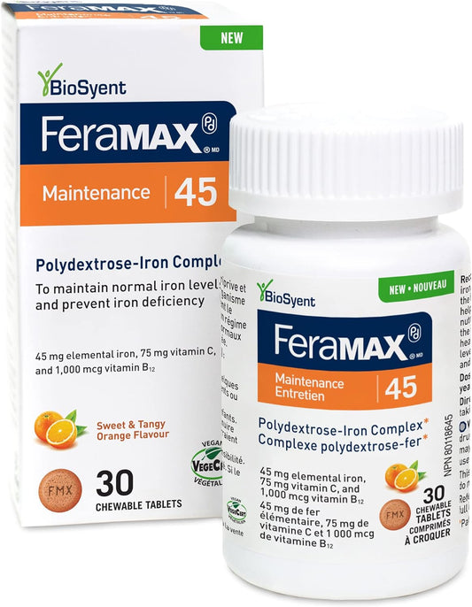 FeraMAX Pd Maintenance 45 Iron Supplement - Great Tasting Orange Flavor Iron Supplement for Prevention of Iron Deficiency - 45mg of Elemental Iron per Chewable Tablet