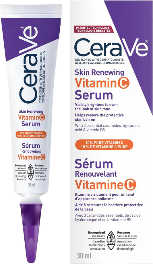 CeraVe Skin Renewing Vitamin C Serum with 10% Pure VITAMIN C for Face With Hyaluronic Acid | Skin Brightening Face Serum for dark spots with ceramides & Vitamin B5. Fragrance Free, Developed with dermatologists, 30mL