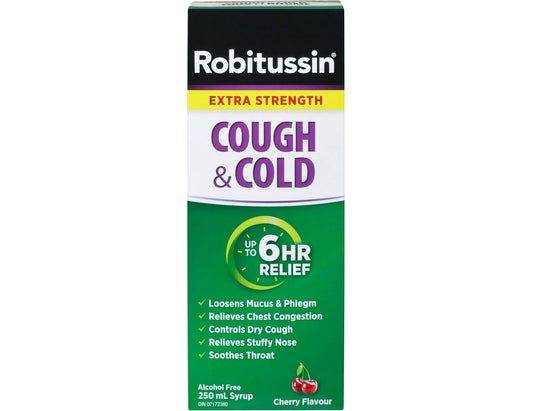 Robitussin Cough & Cold Extra Strength Syrup, Cherry Flavour, 250 mL