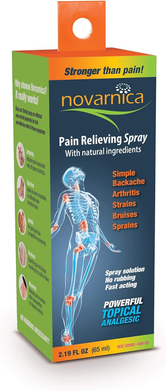 Novarnica Pain reliever spray made of natural ingredients arnica montana, 65 Ml Instant relief for arthritis, joint pain, osteoarthritis, sport injuries, back pain, muscle pain, sprains, strains and bruises