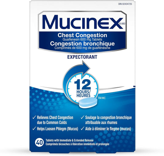 Mucinex Chest Congestion Guaifenesin 600 mg Tablets Expectorant (Cough Medicine), 40 Count