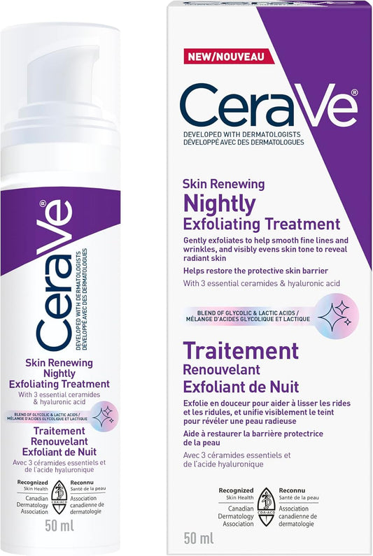 CeraVe Skin Renewing Nightly Exfoliating Treatment for Healthy Aging, Fine Lines, Wrinkles, Dullness and Pores. Face Serum with Glycolic Acid, Hyaluronic Acid & Ceramides. Developed with Dermatologists, Non-irritating, Fragrance-Free, 50ml