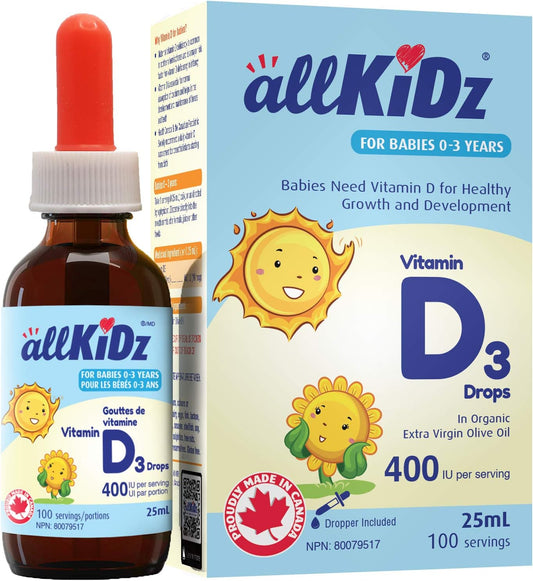 allKiDz Vitamin D3 Drops for Infants Babies Kids Children, 400 IU VD3 Liquid Supplement, 25 Milliliter