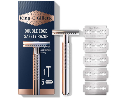 King C. Gillette Double Edge Safety Razor with Chrome Plated Handle & 5 Platinum-Coated Blades