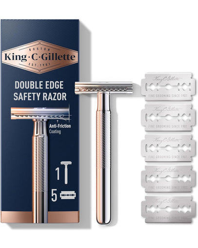 King C. Gillette Double Edge Safety Razor with Chrome Plated Handle & 5 Platinum-Coated Blades
