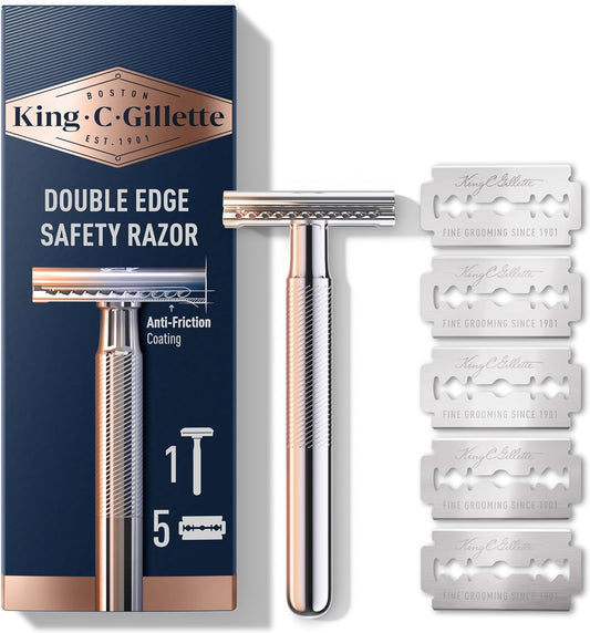 King C. Gillette Double Edge Safety Mens Razor Chrome Plated Handle with 5 Pack Platinum Coated Razor Refills