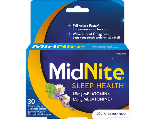 Midnite Sleep Health Supplement Cherry, 1.5 mg Melatonin – 30 Chewable Tablets