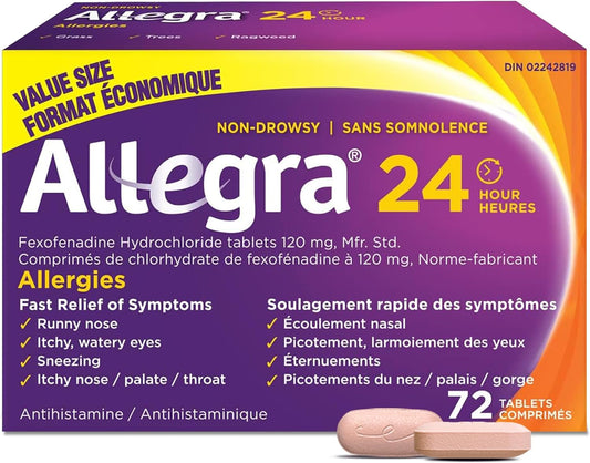 Allegra 24 Hour Allergy Medication, Non Drowsy, Fast and Effective Allergy Relief Medicine for Sneezing, Watery Eyes and Itchy Throat, Fexofenadine Hydrochloride 120 mg, 72 Tablets, Value Size