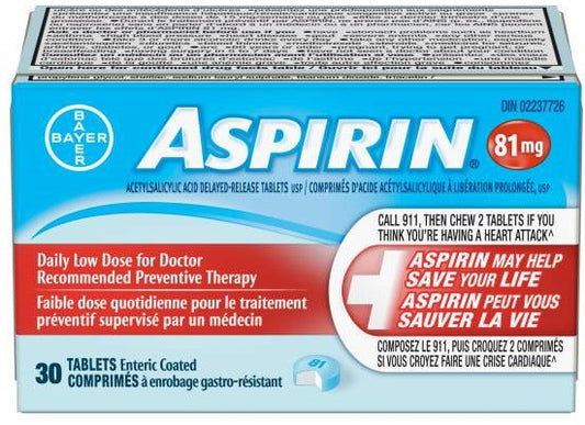 Aspirin 81mg, 30 Enteric Coated Tablets