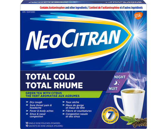 NeoCitran Total Cold Night Citrus Infusions with Green Tea Extract – 10 Single Dose Pouches