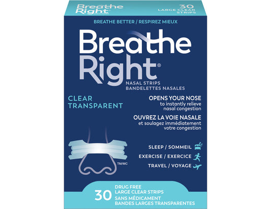 Breath Right Clear Transparent Nasal Strips, 30 ct